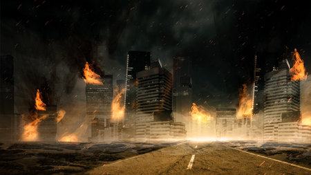 The ruined city with dramatic clouds. Scary Halloween background conceptの写真素材