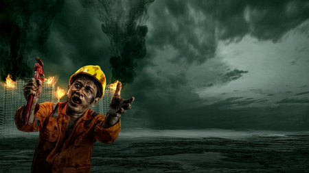 A scary construction worker zombie with blood and wounds on his body is walking while carrying a...