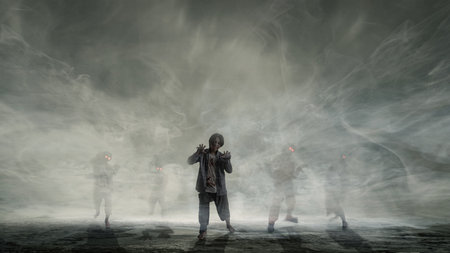 A group of scary zombies with blood and wounds on their bodies is walking on a dark background....