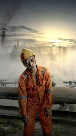 A scary construction worker zombie with blood and wounds on his body is walking on an abandoned factory building. Scary zombie. Halloween conceptの写真素材