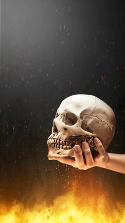 Hand holding a human skull head with a fire flames background. Scary skull Halloween conceptの写真素材