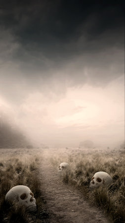 Meadow field with human head skulls and dramatic clouds. Scary Halloween background conceptの写真素材
