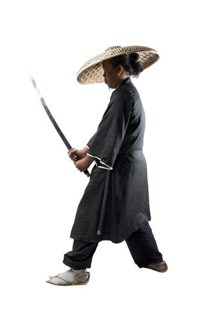 Samurai warrior holding the sword isolated over white backgroundの写真素材
