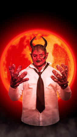 Devilman is standing with a full moon background. Scary demon Halloween concept