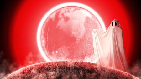 A white ghost haunts the field with a full moon background. Scary ghost Halloween conceptの写真素材