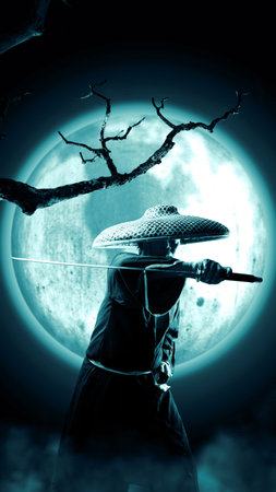 Samurai warriors holding their swords ready to fight against scary zombies. Scary Halloween conceptの写真素材