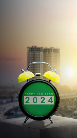 Clock 2024 with cityscapes background. Happy New Year 2024