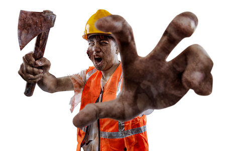 A scary construction worker zombie with blood and wounds on his body walking while carrying an axe isolated over a white backgroundの写真素材
