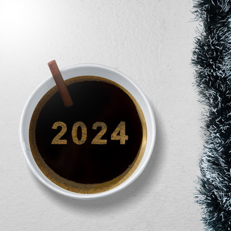 2024 in a coffee cup. Happy New Year 2024の写真素材