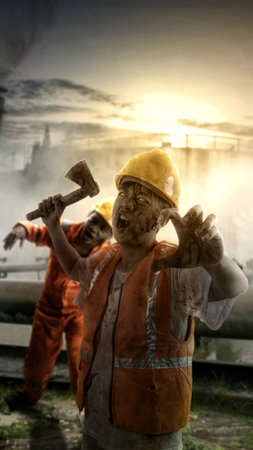 A scary construction worker zombie with blood and wounds on his body is walking while carrying an axe on a ruined factory building. Scary zombie. Halloween conceptの写真素材