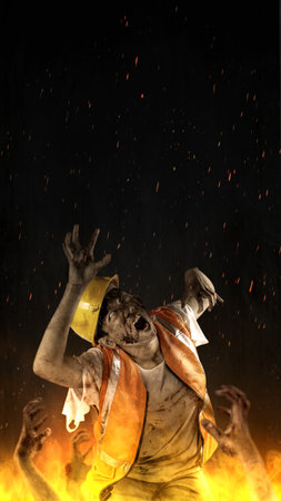 A scary construction worker zombie with blood and wounds on his body walking with a fire flames...