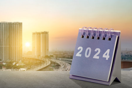 Calendar of 2024 with cityscapes background. Happy New Year 2024