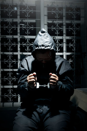 The man was sitting on a chair with tied hands in handcuffs. Violence conceptの写真素材