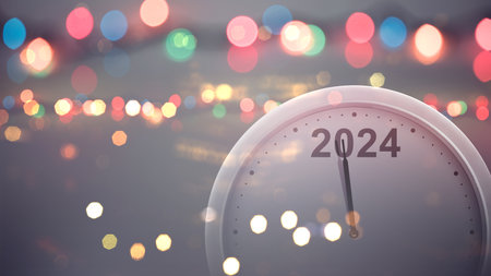 Clock 2024 with a blurred light background. Happy New Year 2024の写真素材