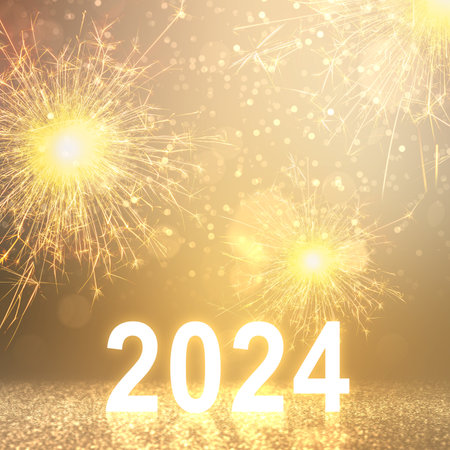 2024 with fireworks and a blurred light background. Happy New Year 2024