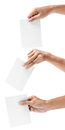Set of human hand holding ballot paper for election vote isolated over white background. Election conceptの写真素材