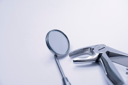 Dental tools on a gray background. Dentist equipment and toolsの写真素材