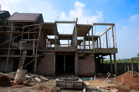 Construction of residential house at the building site