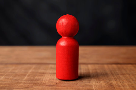 Closeup view of a red wooden figure on a wooden tableの写真素材