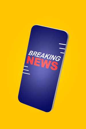 Closeup view of the mobile phone screen with breaking news inscription on a colored background. Live...