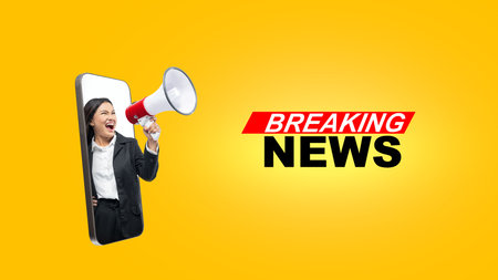Closeup view of the mobile phone screen with a businesswoman holding a megaphone and shouting something with a breaking news inscription on a colored background. Live broadcasting, news, and journalism conceptの写真素材