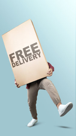 People carrying large packets for delivery with free delivery text on a colored background. Delivery...