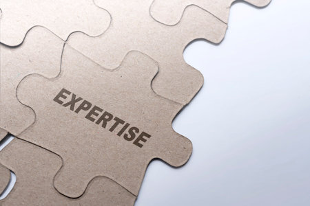 Piece of jigsaw puzzle with Expertise text over blue background. Business conceptの写真素材