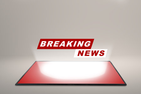 Big screen televisions with breaking news inscriptions on a colored background. Live broadcasting, news, and journalism conceptの写真素材