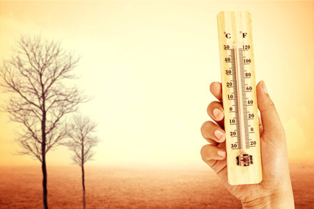 Human hand holding thermometer with a high heat temperature with barren trees background....