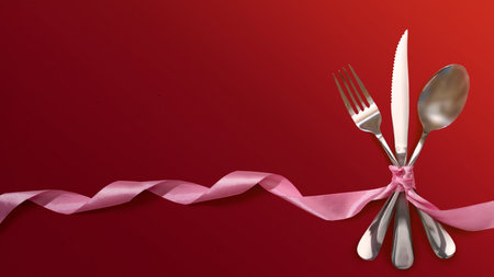 Silverware of fork, knife, and spoon tied up on pink ribbon over red background. Romantic dinner Valentine's Day conceptの写真素材