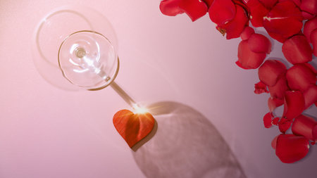 Wine glass with a red heart and rose petals over a pink background. Romantic dinner Valentine's Day...