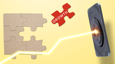 Piece of a jigsaw puzzle with growth text with graph arrow increase through a mobile phone screen. Business growth conceptの写真素材