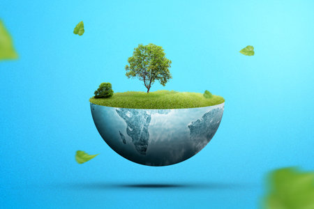 A grown tree on fertile land with green grass and a colored background. Environment and climate...