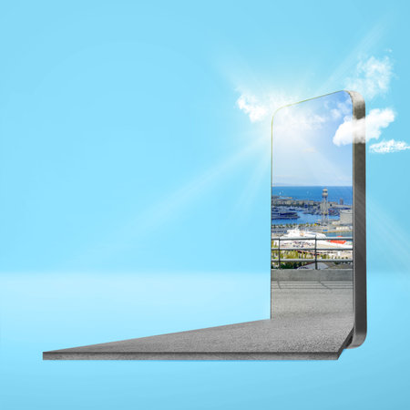 Street with harbor and ocean view with blue sky on the mobile phone screen over a colored background. Traveling conceptの写真素材