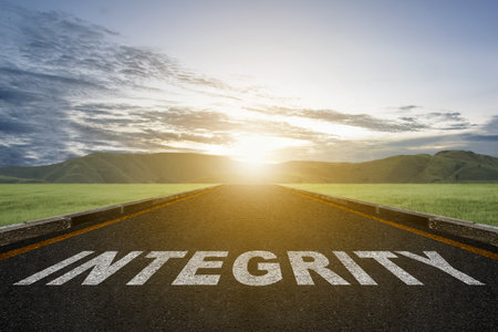 Street ahead with integrity text. Reputation integrity conceptの写真素材