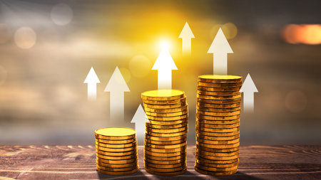 Stair stack of golden coins with increased graph arrow. Investment conceptの写真素材