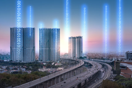 Cityscapes with binary code. Network connection. Blockchain technology concept