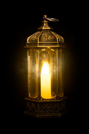 Ornamental Arabic lantern with burning candle glowing with a dark background. Ramadan concept