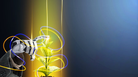 Futuristic robot technology development, artificial intelligence AI touch little plant as new life on dark background. Green technology and environmentally friendly concept.の写真素材