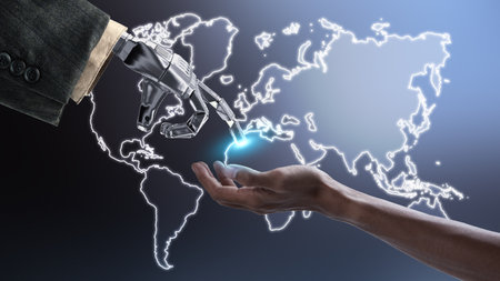 Robotic hand and human hand with digital world background. Artificial intelligence conceptの写真素材