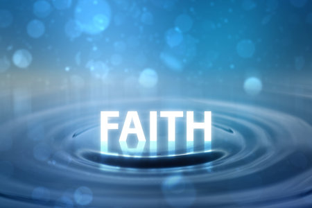 Word Faith above the water surface with defocused blue light background. Religious, holy bible, prayer concept.の写真素材