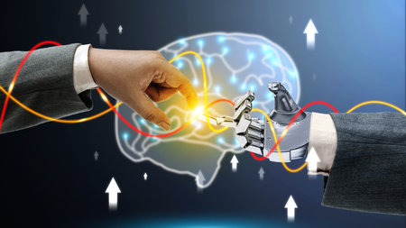Futuristic robot technology development, artificial intelligence AI and human hand touch big data of...