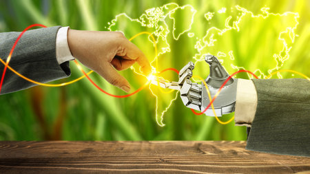 Robotic hand and business hand with digital world background. Artificial intelligence concept