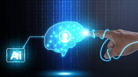 The human hand touches the virtual brain on a digital background. Artificial intelligence concept