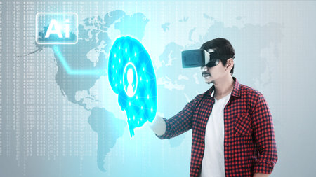 A man with VR goggles touches the virtual brain on a digital background. Artificial intelligence...
