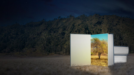 World book days concept, an open book with clear picture  on a book and beautiful night landscape...