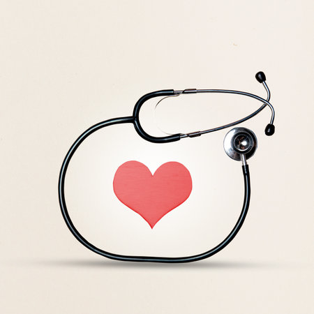 Medical stethoscope and red heart on a colored background. National Doctor Day conceptの写真素材