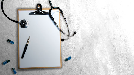 Medical stethoscope and medicine with a clipboard and pen on a colored background. National Doctor Day conceptの写真素材