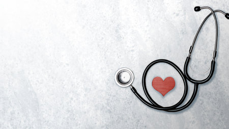 Medical stethoscope and red heart on a colored background. National Doctor Day conceptの写真素材