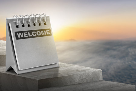 Reminder with welcome text with a sky background. Introduction conceptの写真素材